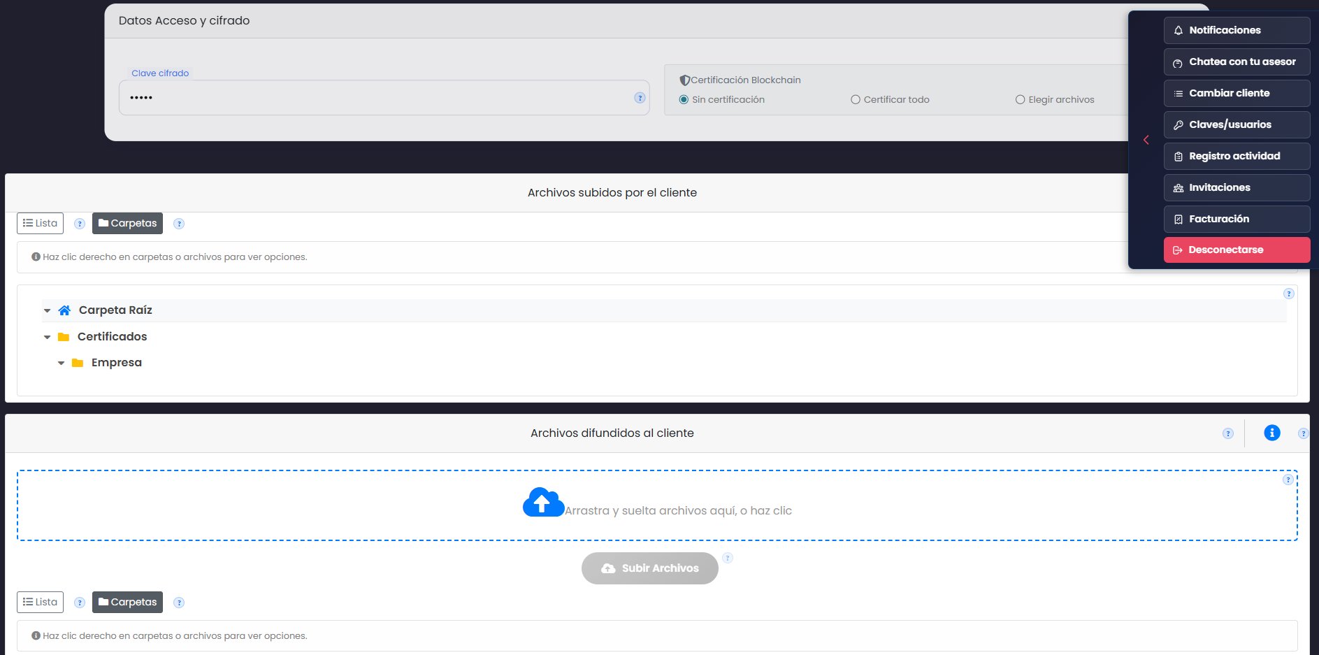 Sala principal con claves de cifrado, certificación blockchain y doble zona de archivos