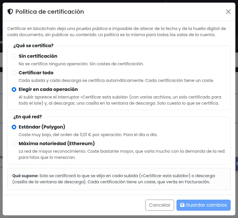 Ventana Política de certificación de DataRoomConnect: sin certificación, certificar todo o elegir en cada operación, y las redes Polygon y Ethereum